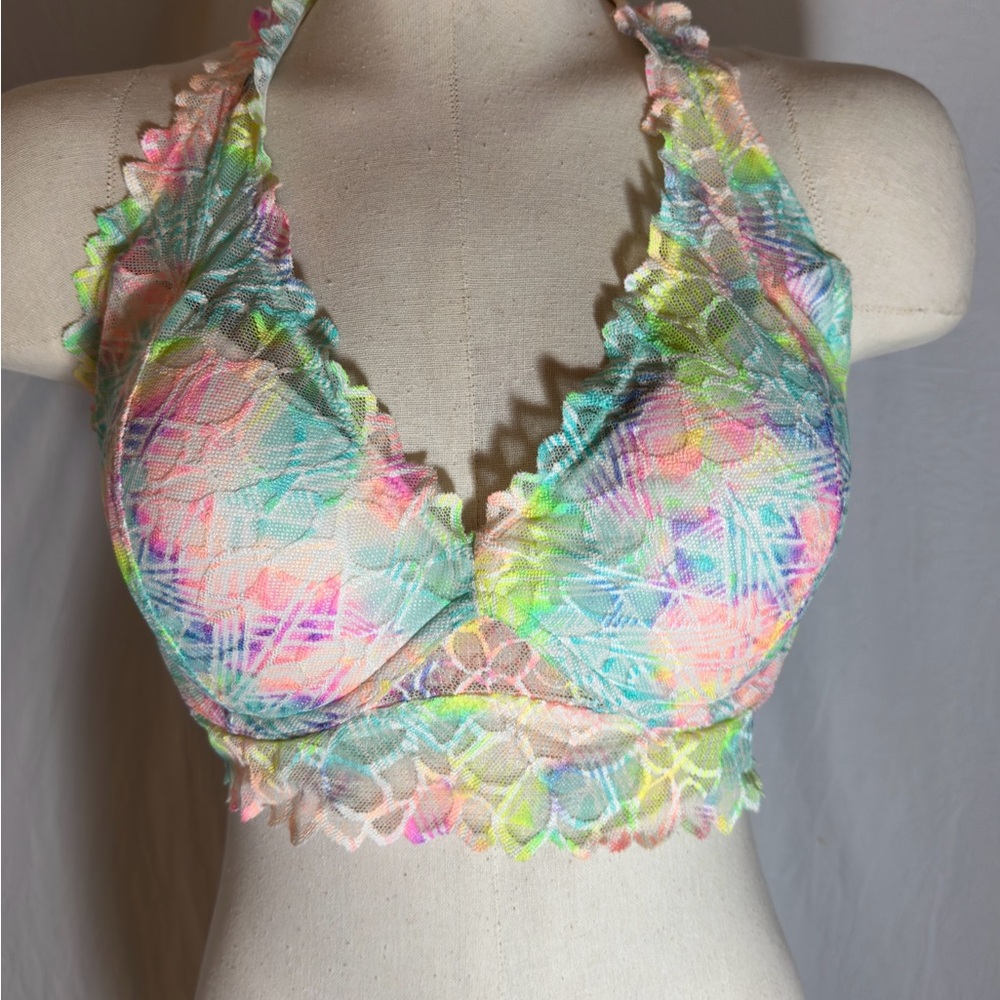 PINK Victorias Secret Floral Lace Halter Bralette M D-DD Multicolor